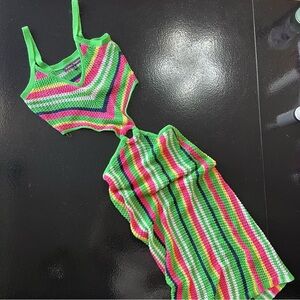 ❌ SOLD New Neon Striped Crochet Cutout Dress - Green Pink yellow black Multi